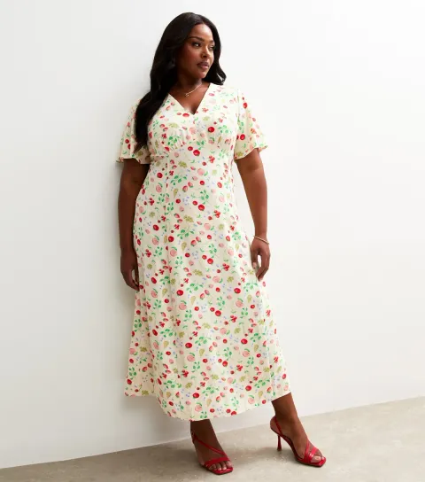 Women's Plus Size Cream Fruit Print Short Sleeve Midi Tea Dress Curves