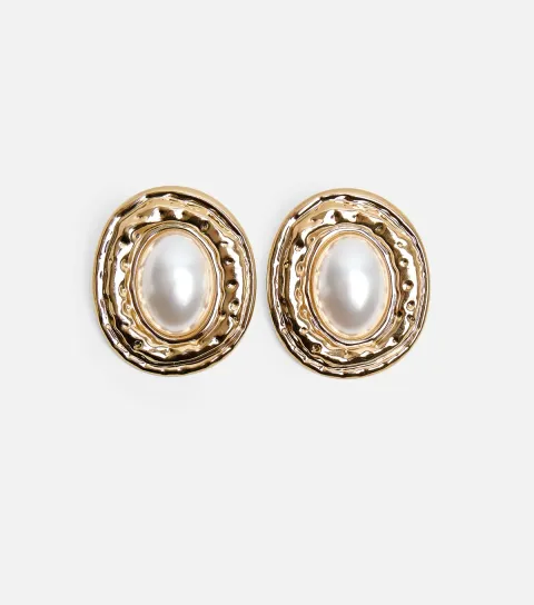 Gold Tone Oversized Faux Pearl Stud Earrings