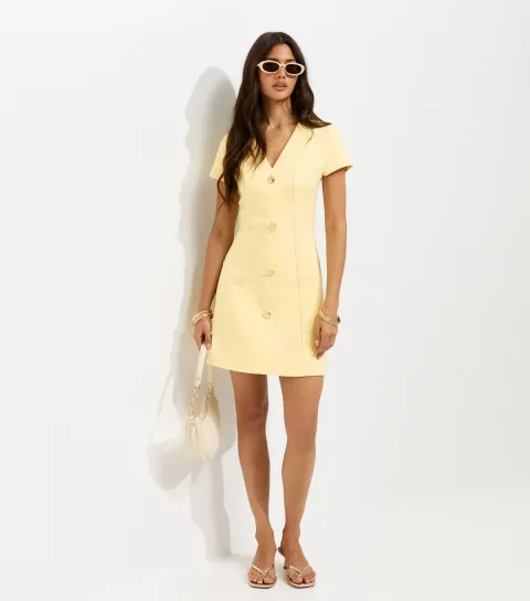 Women's Light Yellow Cotton Rich Golden Button Ponte Mini Dress
