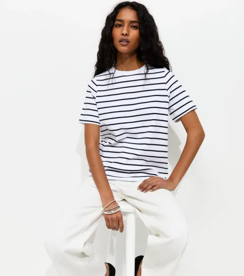 Women's Premium White and Black Heavyweight Cotton Striped T-Shirt
