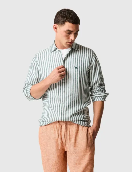 Rodd & Gunn Slim Fit Pure Linen Striped Shirt Dark Green Mix