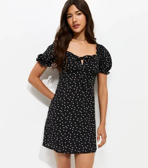 New Look Women's Black Spot Print Milkmaid Mini Dress