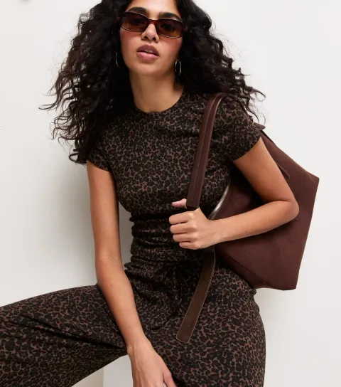 Women's Brown Cotton Rich Animal Print Baby Tee T-Shirt