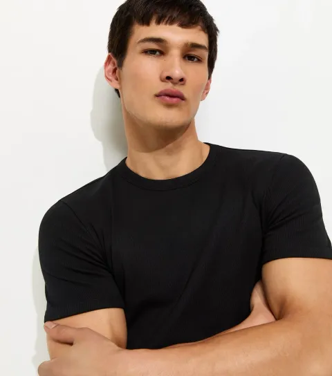 Men's Black Muscle Fit Ribbed Jersey T-Shirt