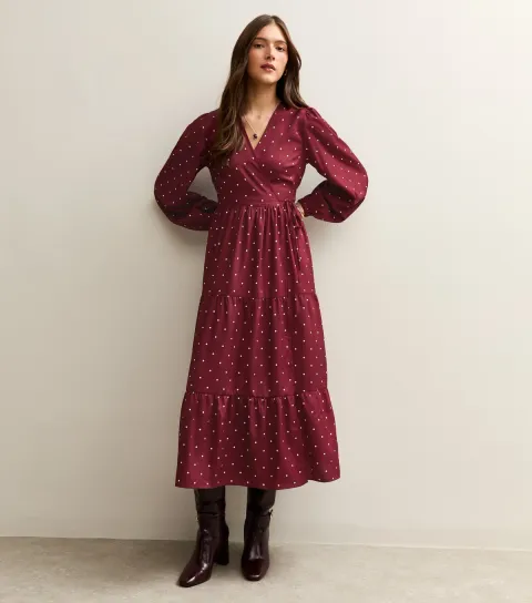 Women's Red Crepe Polka Dot Wrap Midi Dress