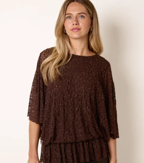 Blue Vanilla Women's Dark Brown Lace Diamante Batwing Sleeve Top