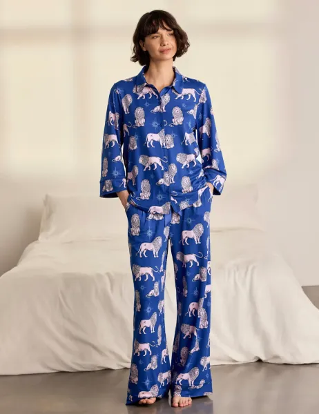 Chelsea Peers Moonlit Lion Button Front Two Piece Long Sleeve Pyjamas Blue