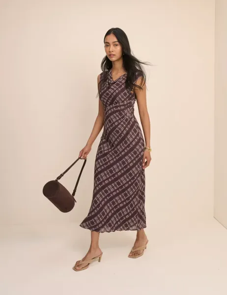 Nobody's Child Printed Slash Neck Midi Column Dress Brown