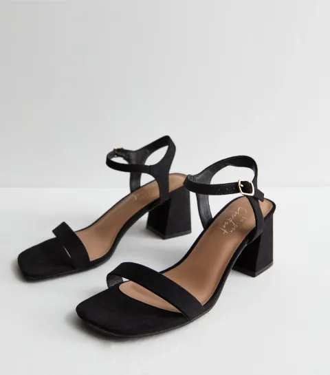 Women's Black Suedette 2 Part Block Heel Sandals Vegan