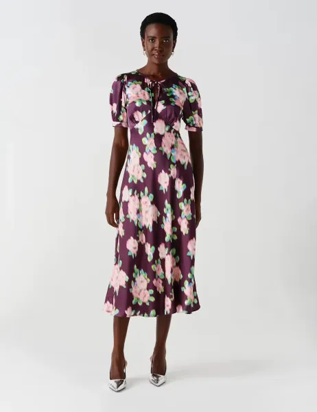 Ghost Crepe Floral Puff Sleeve Midi Slip Dress Purple Mix