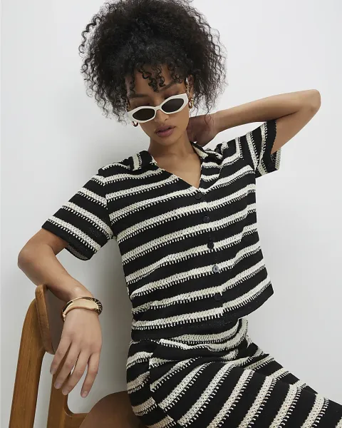 River Island Cotton Blend Striped Crochet Shirt