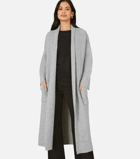 Women's Grey Ribbed Pocket Longline Midi Cardigan