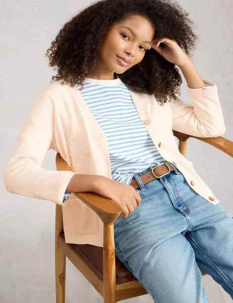 White Stuff Cotton Rich V-Neck Button Front Cardigan Natural