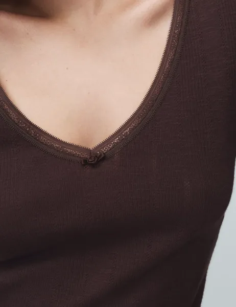 Marks & Spencer Pure Cotton Pointelle Lace Trim Pyjama Top Dark Brown