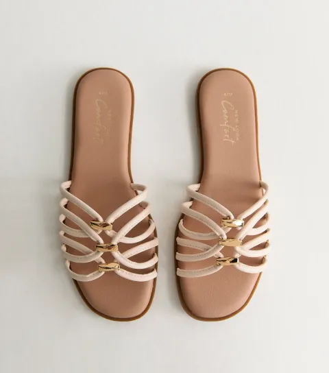 New Look Women's Off White Faux Leather Strappy Hardware Mule Sandals Vegan