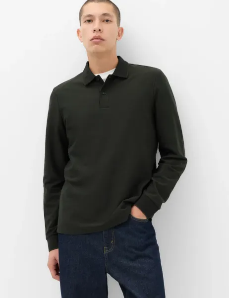Marks & Spencer Cotton Rich Striped Long Sleeve Polo Shirt Dark Khaki