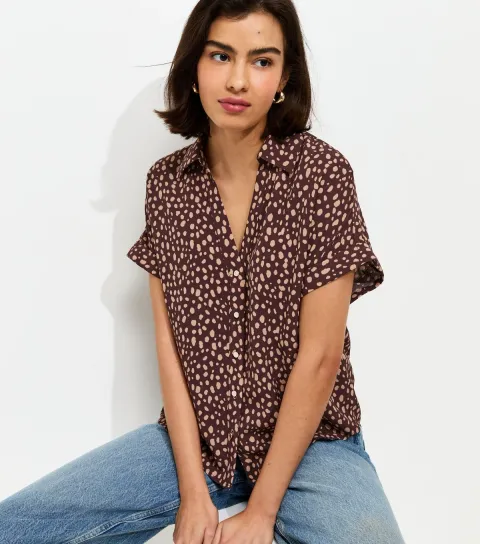 Women's Brown Relaxed Spot Print Short Sleeve Shirt