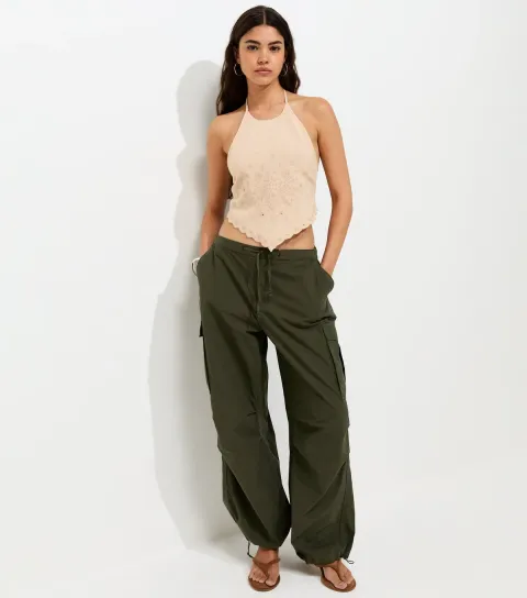 Women's Dark Khaki Cargo Pocket Parachute Trousers