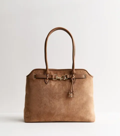 Camel Faux Suede Belted Tote Bag Vegan