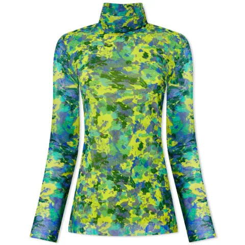 High Neck Floral Print Mesh Top