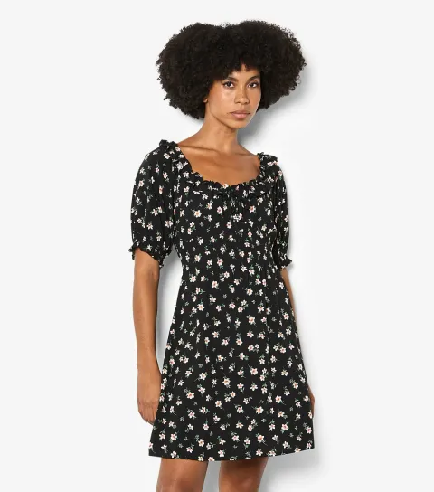 Women's Black Floral Mini Milkmaid Dress