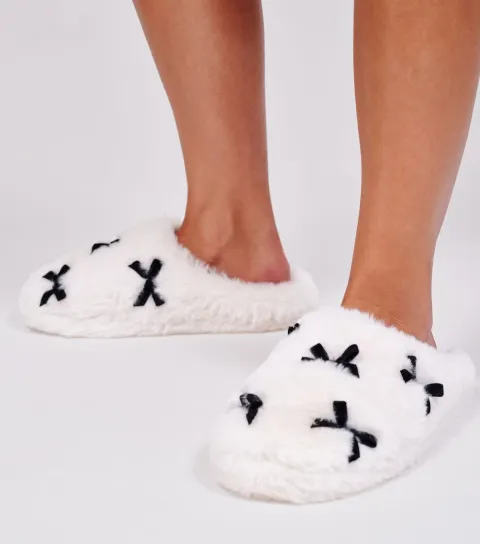 Loungeable Women's White Faux Fur Velvet Bow Slippers