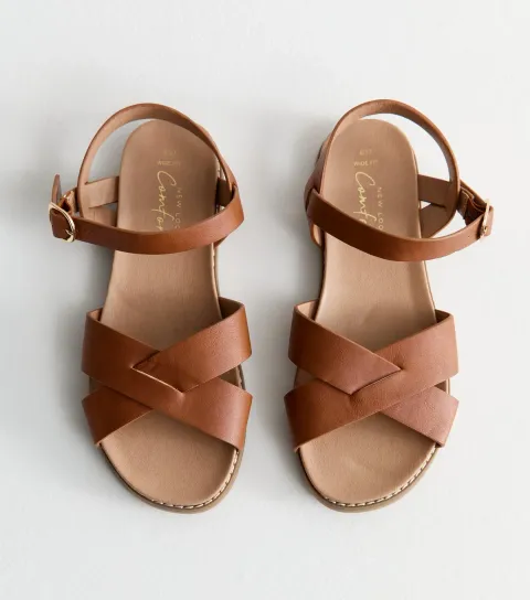 New Look Women's Wide Fit Tan Faux Leather Crossover Strap Sandals Vegan
