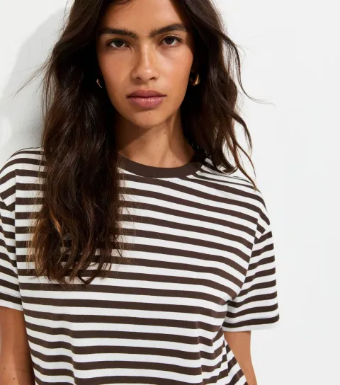 Women's Brown Cotton Striped Boxy Crew Neck T-Shirt