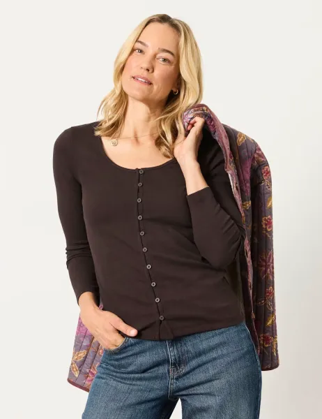 FatFace Cotton Rich Ribbed Scoop Neck Top Chocolate