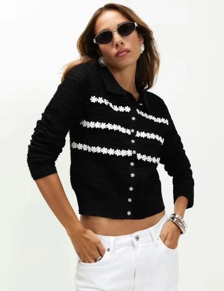 River Island Pointelle Daisy Collared Fitted Cardigan Black Mix