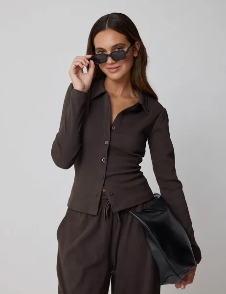 Cotton Rich Ribbed Collared Cardigan Brown