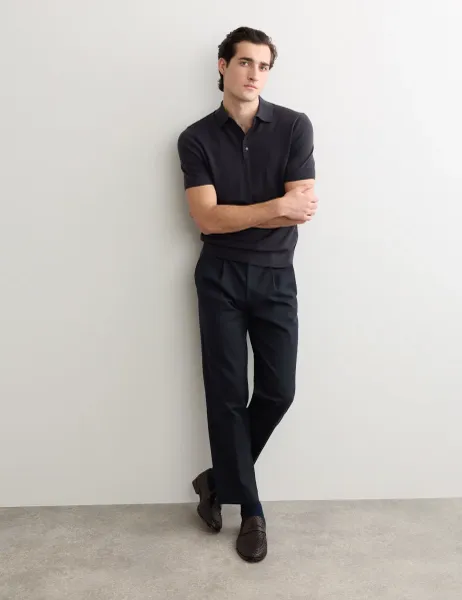 Jaeger Merino Wool with Silk Knitted Polo Shirt Navy