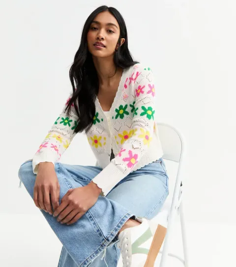 Women's White Floral Knit Cardigan
