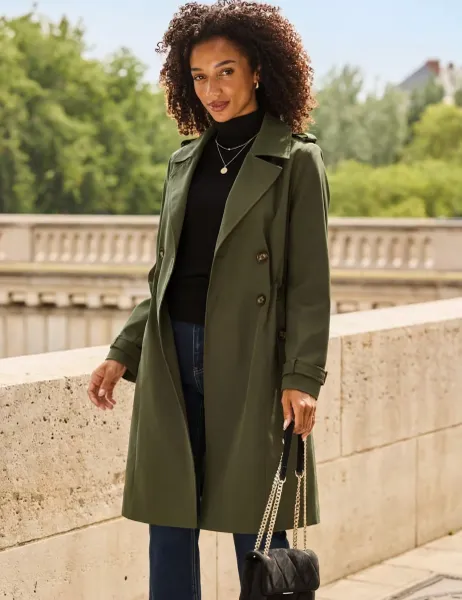 SOSANDAR Cinched Waist Double Breasted Trench Coat Olive