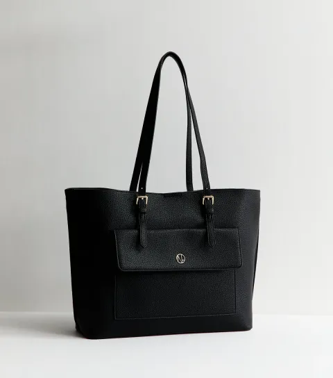 Black Textured Faux Leather Front Pocket Tote Bag