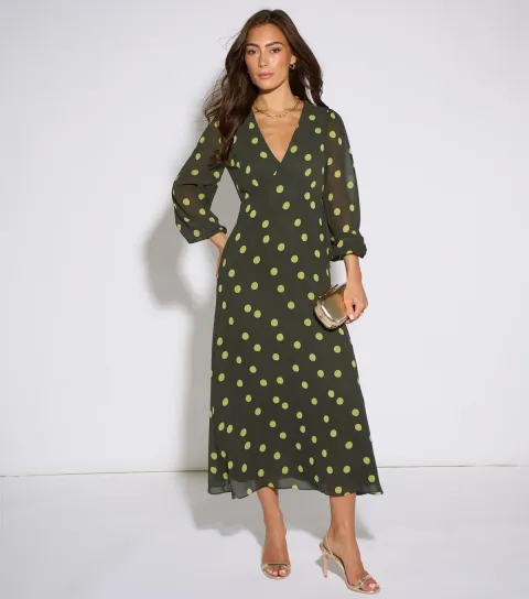 Gini London Women's Green Spot Print V-Neck Midi Dress