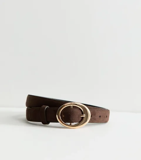 New Look Dark Brown Faux Suede Circle Buckle Belt