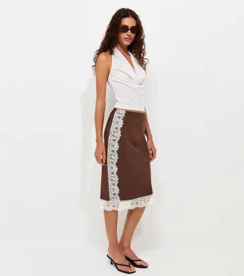 Women's Dark Brown Satin Lace Trim Midi Skirt