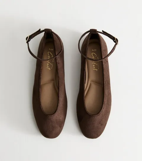 New Look Women's Dark Brown Faux Suede Ankle Strap Ballet Flats Vegan