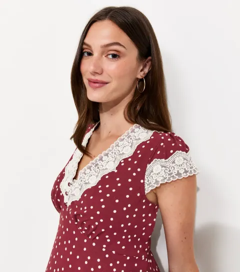 Women's Maternity Red Spot Print Lace Trim Midi Dress