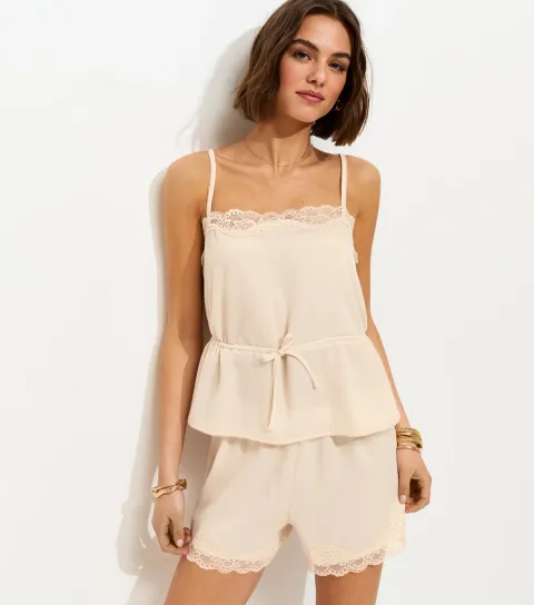 Women's Cream Lace Trim Tie Waist Cami Top