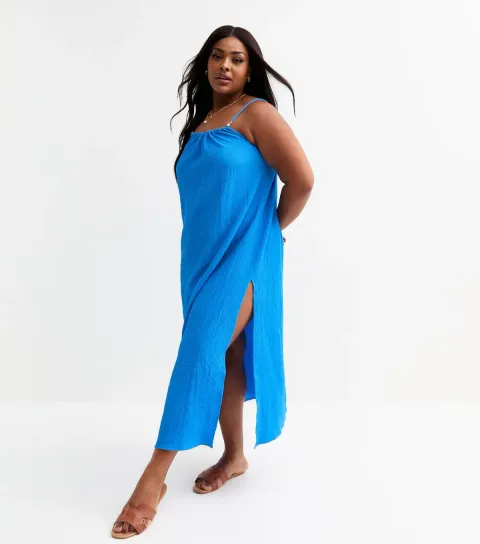Women's Plus Size Blue Crinkled Slit Hem Dress Curves