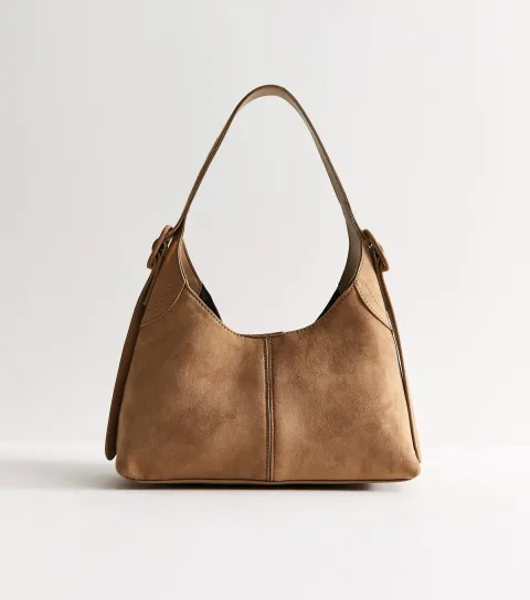 Camel Faux Suede Buckle Strap Shoulder Bag