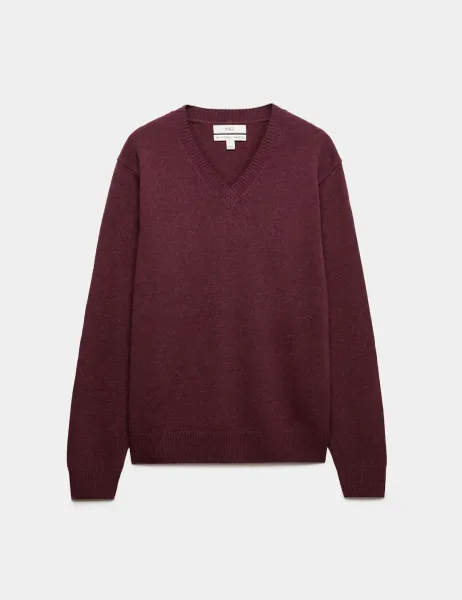 Marks & Spencer Pure Lambswool V-Neck Jumper Bordeaux