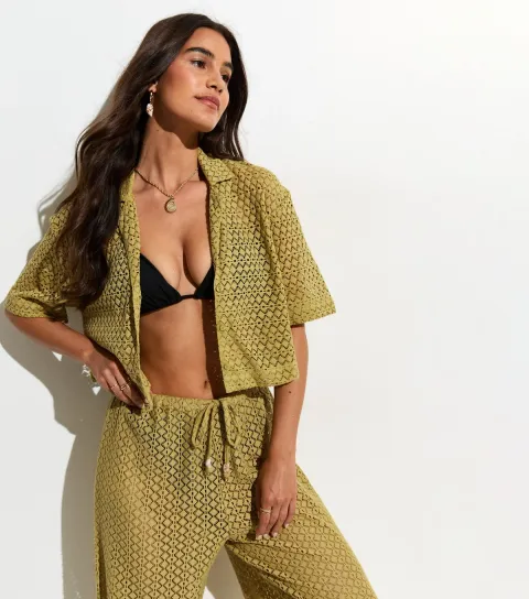 Women's Green Crochet Knit Cropped Shirt