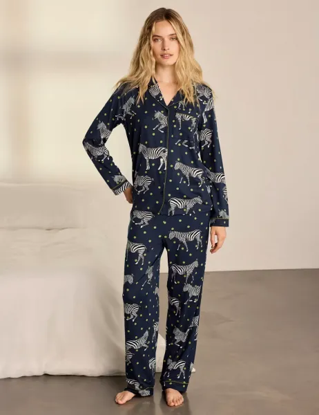 Jersey Zebra Spot Print Revere Pyjama Set Navy Mix
