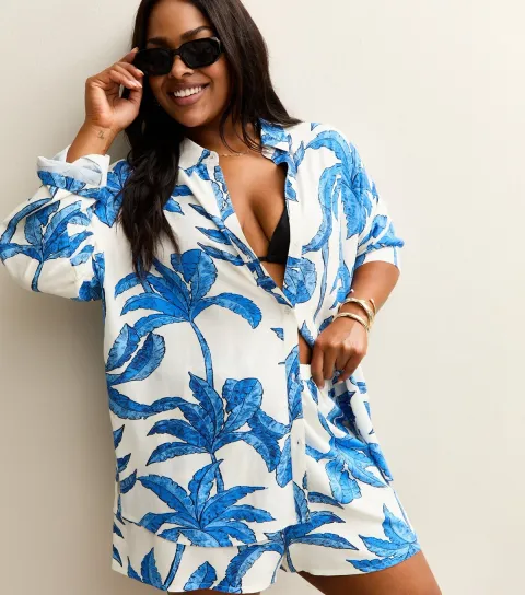 Women's Plus Size Blue Palm Leaf Print Beach Shirt Curves