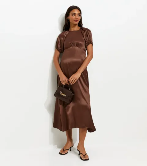 Women's Maternity Dark Brown Satin Puff Sleeve Midi Dress