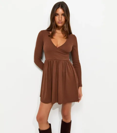 Women's Dark Brown Cotton Rich Long Sleeve Ribbed Wrap Front Mini Ballet Dress