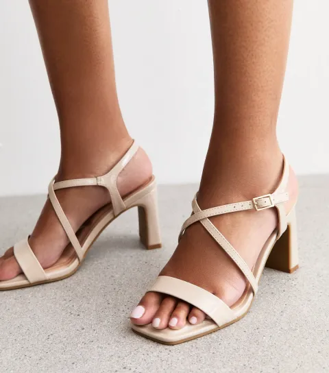 Women's Wide Fit Off White Crossover Strap Block Heel Sandals Vegan